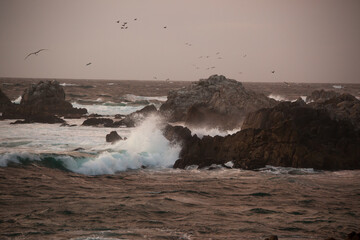 Waves crashing onto a rocky shore