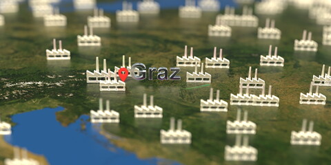 Factory icons near Graz city on the map, industrial production related 3D rendering