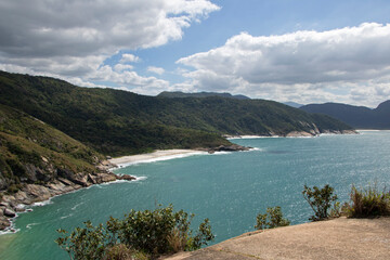 Aerial view of Praia do Perigoso and Pedra da Tartaruga, Rio de Janeiro. Sunny day, Drone photo.