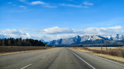 Canadian Rockies, Canada - november 2020 : scenic road view with the Canadian Rockies in the background