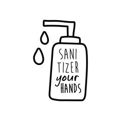 sanitizer your hands lettering campaign in bottle hand made line style