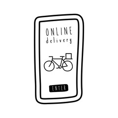 online delivery lettering campaign with bicycle in smartphone line style