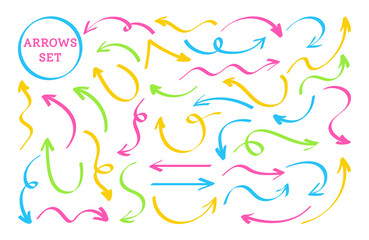 Arrows highlighter bright marker infographic set. Transparent colors different directions pointer collection. Colorful curved, arched artistic uneven arrow cursor. Vector signpost design elements