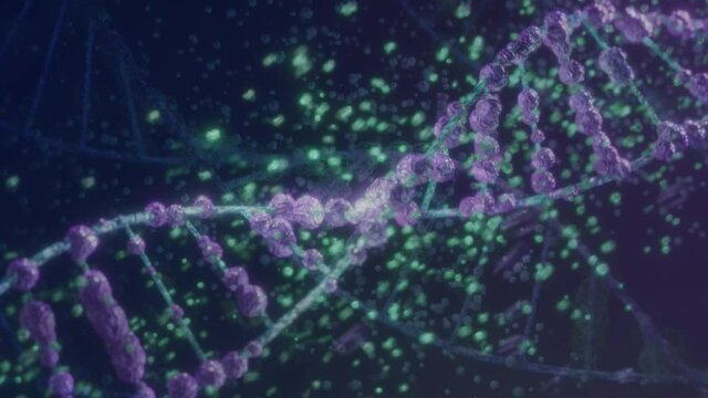 Zoom into male eye for transition in DNA animation on science fiction environment.