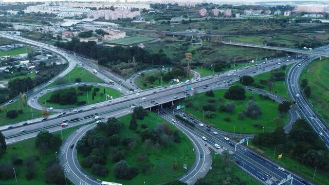 Aerial View Of A2 Highway and Two-Level Road Junction In Almada, Portugal