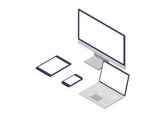 デスクトップパソコン・ノートパソコン・スマートフォン・タブレットのアイソメトリックイラスト