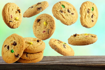 traditional homemade healthy tea time snack oatmeal cookies with flying or falling cookies 