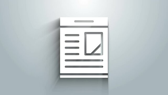 White Newspaper advertisement displaying obituaries icon isolated on grey background. 4K Video motion graphic animation