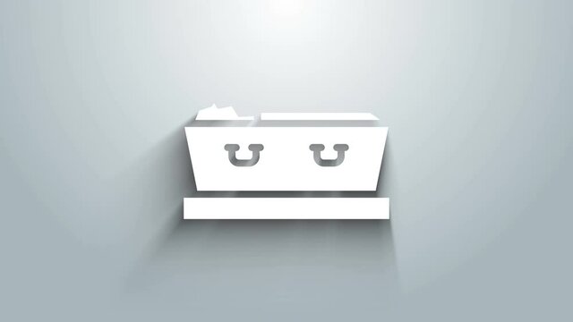 White Open coffin with dead deceased body icon isolated on grey background. Funeral after death. Corpse in an open hearse for burial. 4K Video motion graphic animation