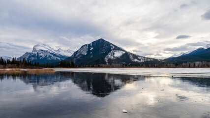 Beautiful view of Vermilion lakes in wintertime, in the Banff national park, Canada