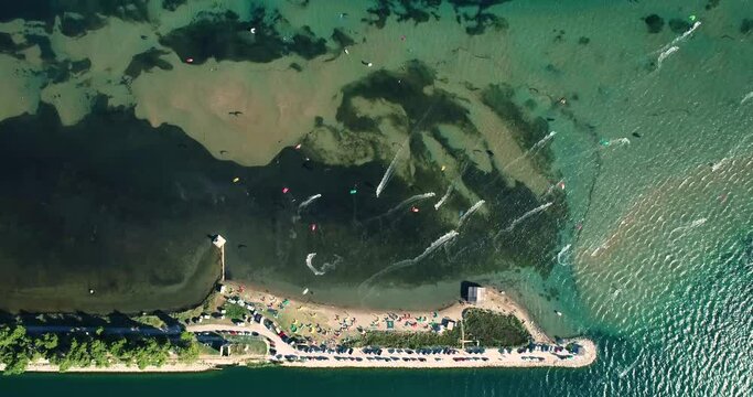 Aerial view of kitesurfing spot on the Neretva delta valley river near Ploce.