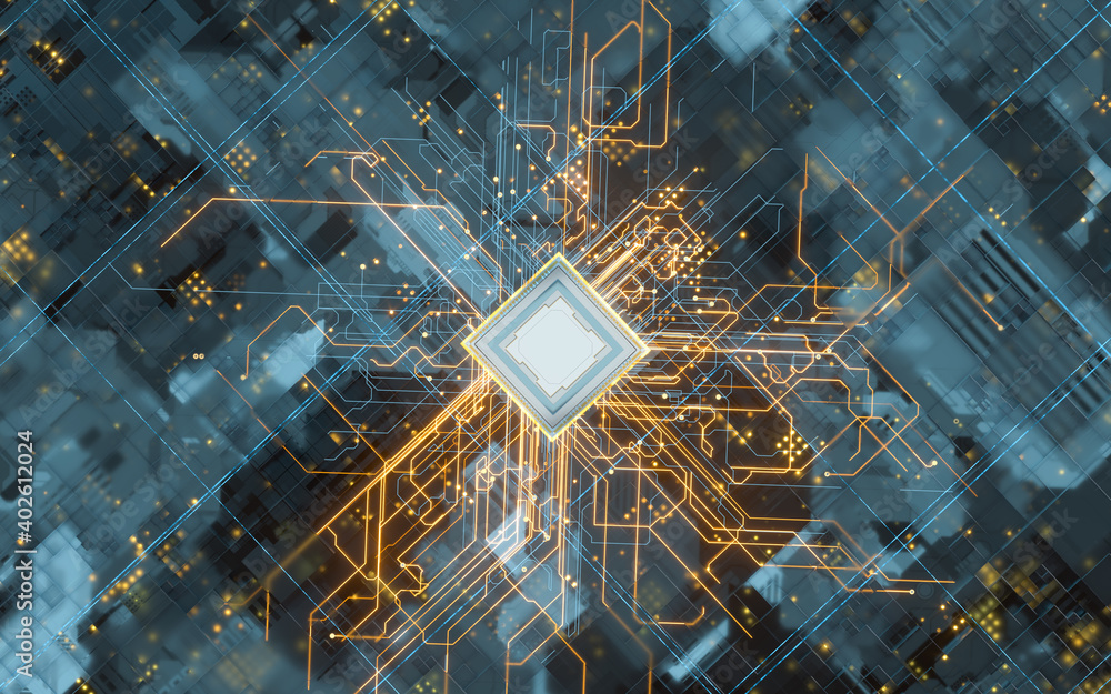 Poster circuit board, electronics cyberspace background, 3d rendering.