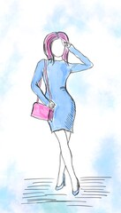 Watercolor beautiful fashionable girl with red hair. The girl is posing in a beautiful tight-fitting blue dress. Watercolor illustration. Sketch