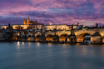 Prague Castle and St. Vitus Cathedral and Charles Bridge on the Vltava River and on the banks