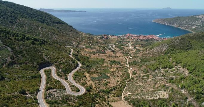 Aerial view of the winding roads to the town of Komiza on the island of Vis
