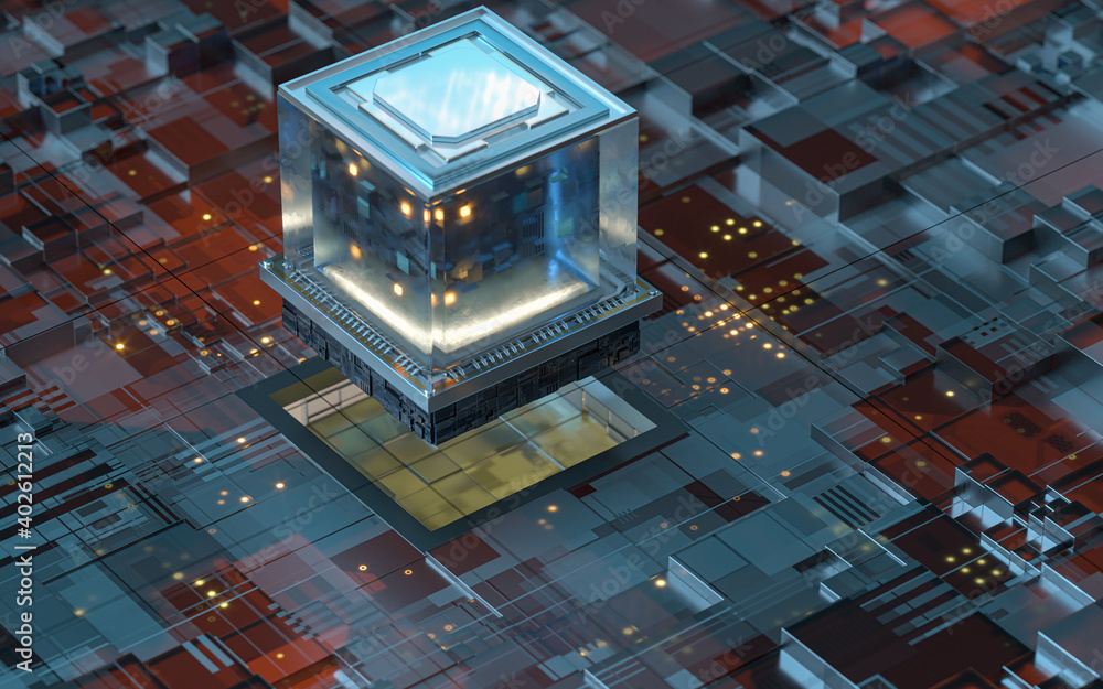 Poster circuit board, electronics cyberspace background, 3d rendering.