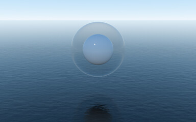 Water sphere over the calm ocean, fantastic scene, 3d rendering.
