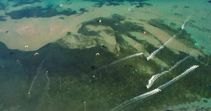 Aerial view of kitesurfing spot on the Neretva delta valley river near Ploce.