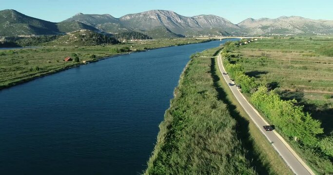 Aerial view of the Neretva delta valley river near Ploce.