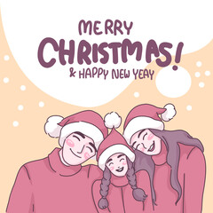 Merry Christmas with family concept design of vector. Cartoon illustration style.merry Christmas illustration 