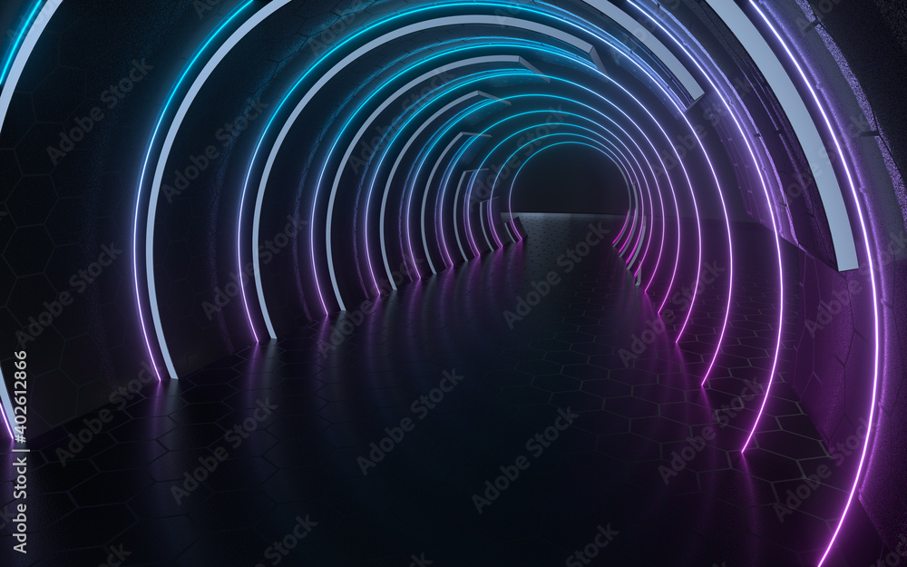 Poster dark tunnel with neon glowing lines, 3d rendering.