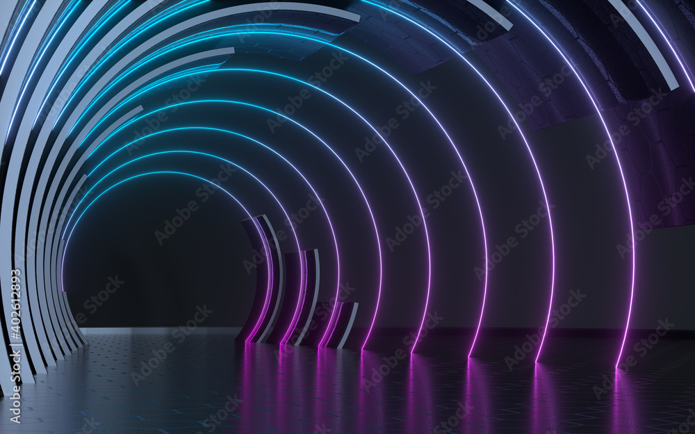 Poster dark tunnel with neon glowing lines, 3d rendering.