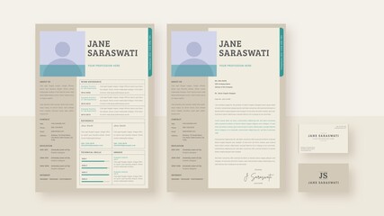 Light Beige CV Resume Cover Letter and Business Card Layout Set with Pale Cyan Accents
