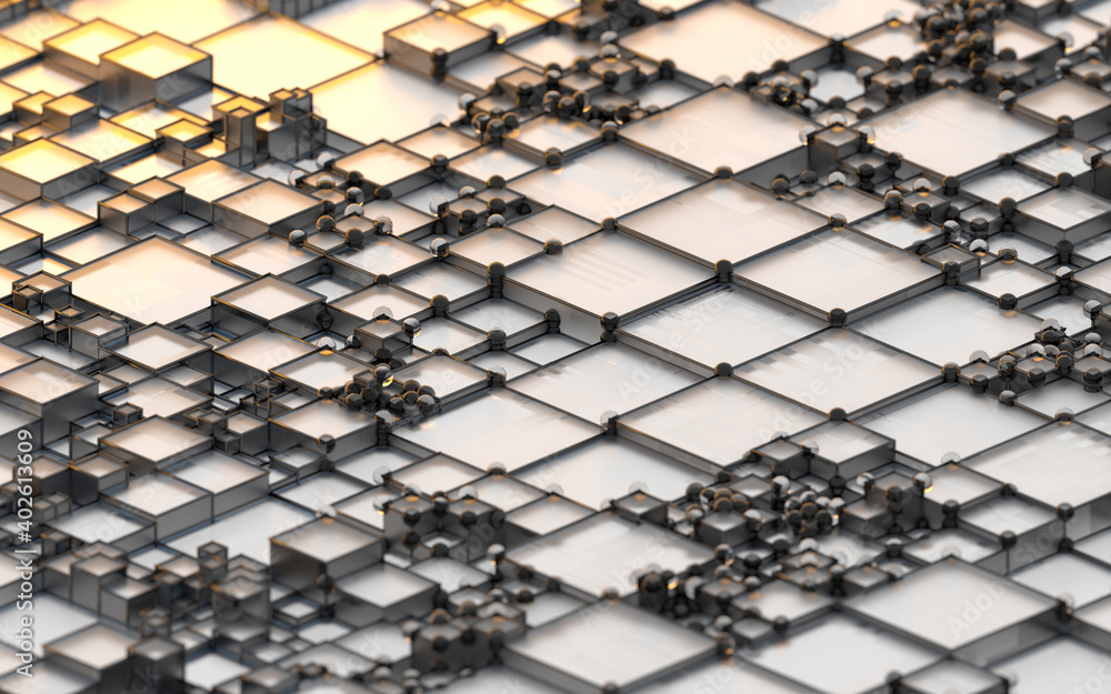 Poster biotechnology grid pattern with cube shape background, 3d rendering.