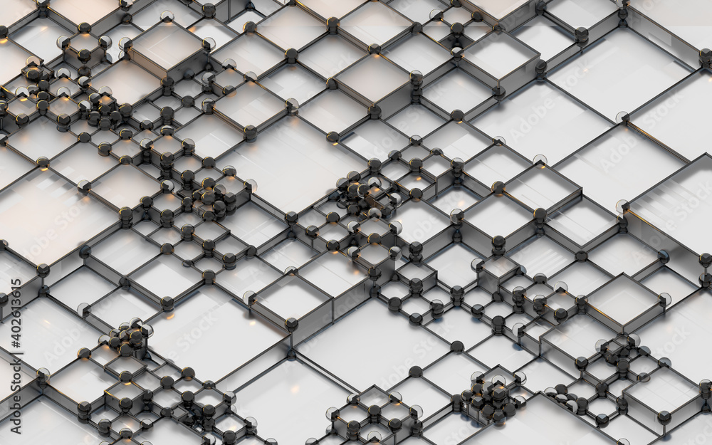 Poster biotechnology grid pattern with cube shape background, 3d rendering.