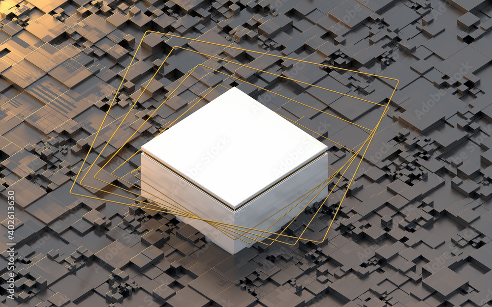 Poster empty cube stage with block pattern background, 3d rendering.