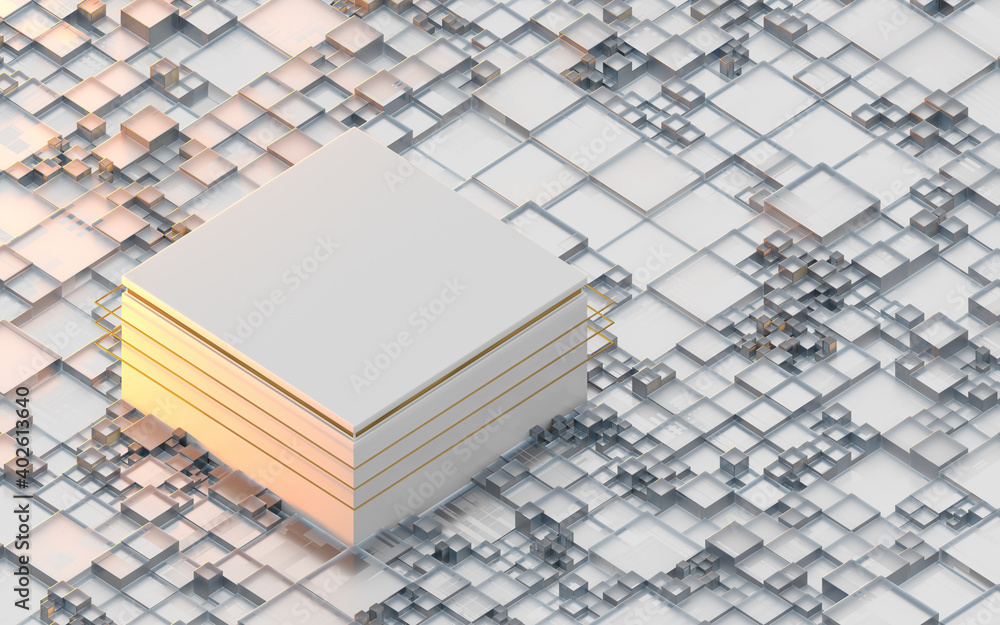 Poster empty cube stage with block pattern background, 3d rendering.