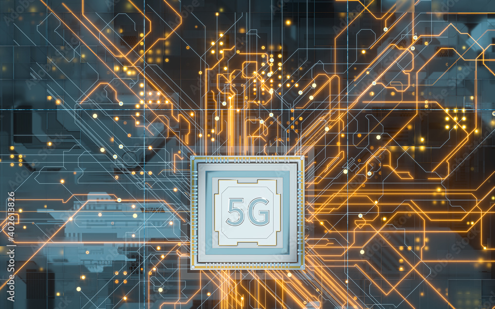 Poster circuit board with 5g big data concept, 3d rendering.
