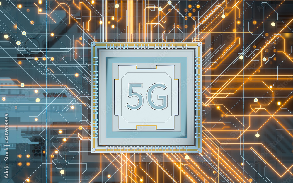 Poster circuit board with 5g big data concept, 3d rendering.