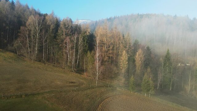 Aerial footage of Skrzyczne in Beskidy Mountains in early winter scenery, Poland.