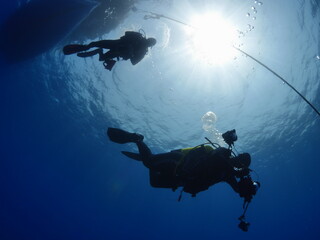 silhouette  scuba divers sun beam shine rays underwater lady woman diver relaxing blue ocean scenery of person