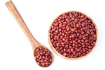 Top view of grains red beans in wooden bowl isolated on white background