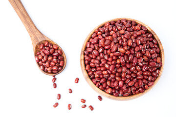Top view of grains red beans in wooden bowl isolated on white background
