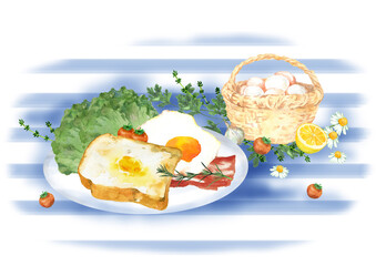 トーストと卵料理、朝食の風景