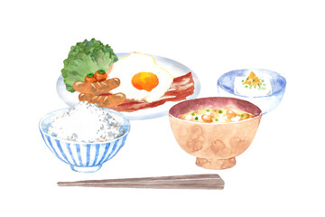 和風の朝食セット　水彩イラスト