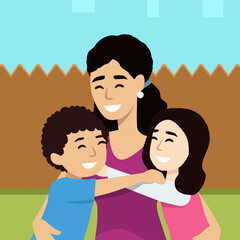 Concept Of Mothers Day Greeting. Mother hugging her son and daughter. flat vector illustration isolated on white background