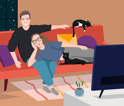 Couple relaxing and watching tv on living room at night. Movie date flat illustration