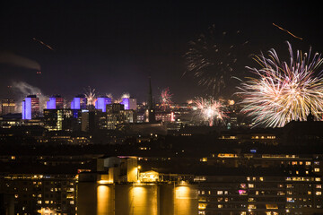 Stockholm, Sweden Jan 1, 2021 New Year's fireworks over the city.