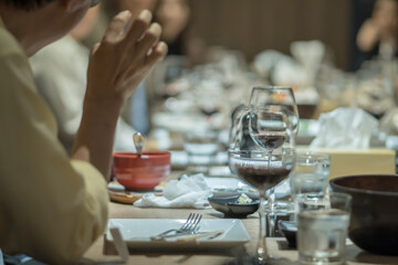 Wine glasses on the dining table in a fine restaurant