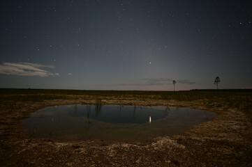 Jupiter-Saturn conjunction over Everglades National Park, Florida reflected in calm water of...