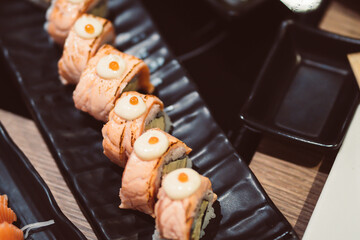 Delicious Japanese rice sushi in a Japanese restaurant