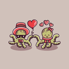 valentine's day couple of octopus character holding heart balloons. cute animal couples