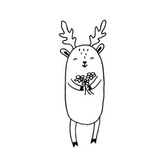 Deer with a bouquet of flowers in its paws. Vector hand-drawn doodle illustration. Black and white outline. Coloring.