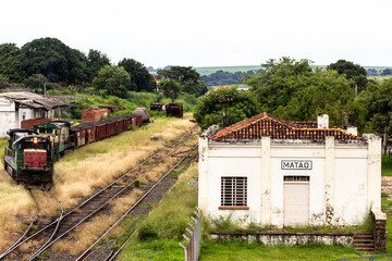 Matao, Sao Paulo, Brazil, February 19, 2013. Locomotives and wagons abandoned in the maneuvering...
