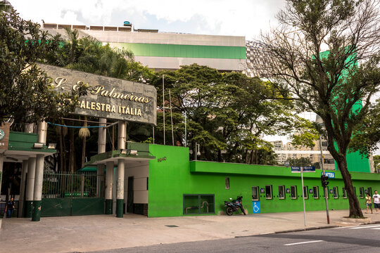 Facade and entrance to the Allianz Parque Stadium, or Palestra Itália, of the Sociedade Esportiva Palmeiras, in the Sumaré neighborhood, west of Sao Paulo,