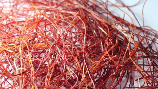 Macro view of dried saffron red stigma threads